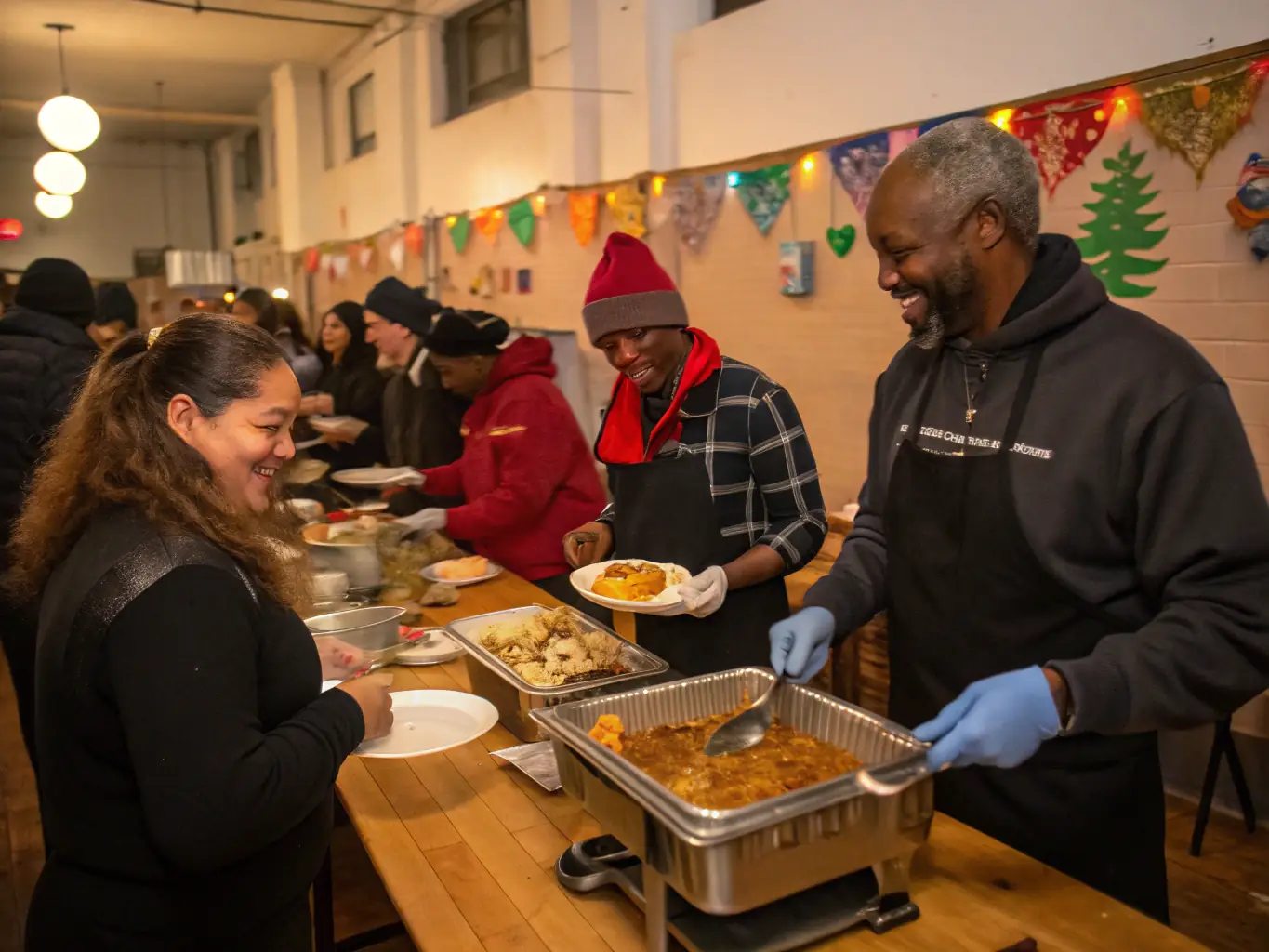 A warm and inviting scene of volunteers from Evergreen Baptist Church serving a meal at a local homeless shelter, demonstrating their commitment to community service.